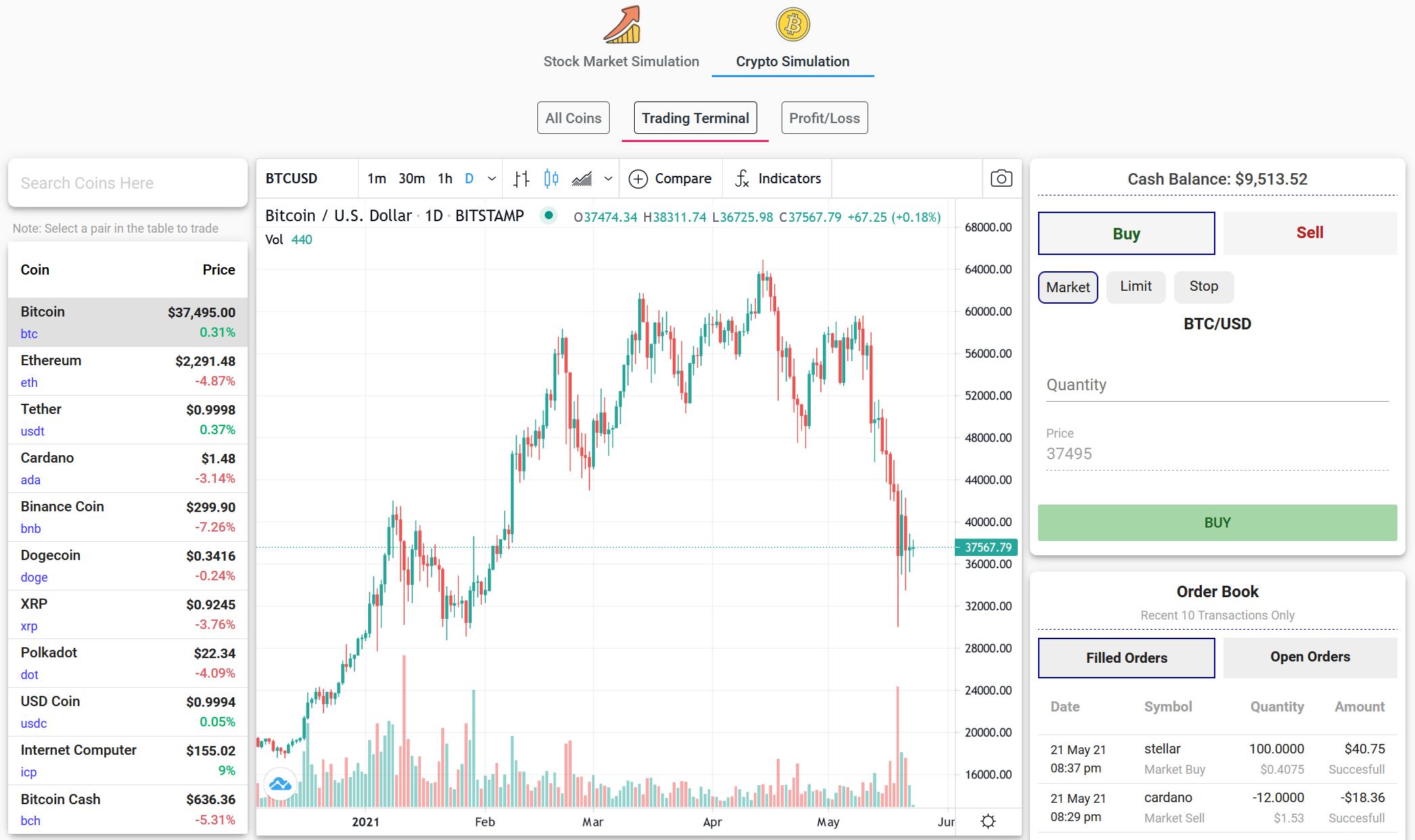 crypto currency trade simulation